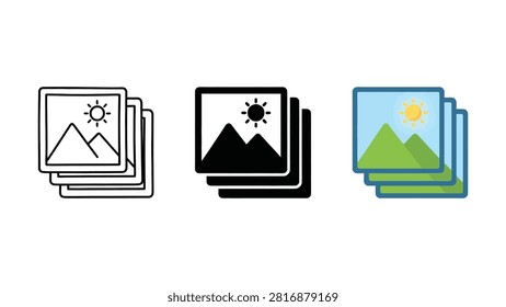 Three sets of layered photo cards showing mountain landscapes with sun icons