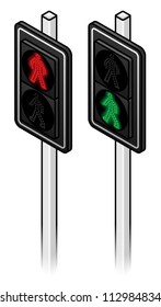 Three sets of LED pedestrian traffic lights showing walk and don't walk.