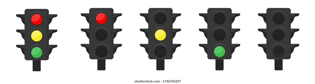 Three sets of LED traffic lights showing red, amber or green lights.