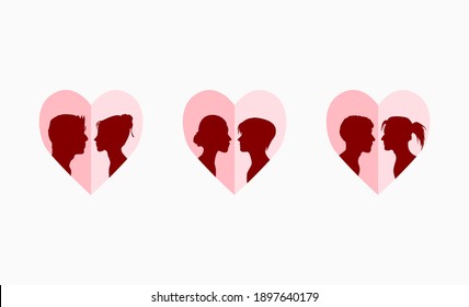 Three sets of lovers, man and woman, woman and woman, man and man. Hearts filled with silhouettes of couples. Vector Illustration.