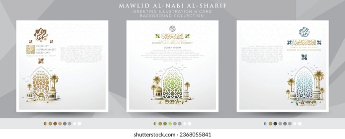 Three Sets Mawlid AlNabi Greeting Islamic Illustration Background Vector Design With Shiny Gold Arabic Calligraphy, Lanterns, Crescent and mosque. Translation Of Text : PROPHET MUHAMMAD'S BIRTHDAY