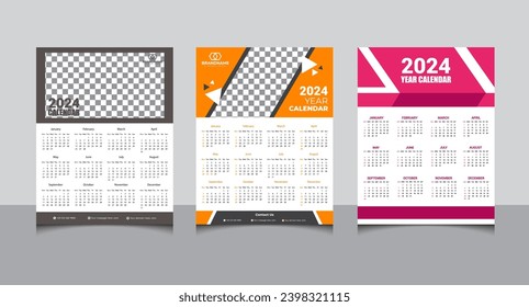 three sets one page Wall calendar design template for 2024-year, 2024 wall calendar design.