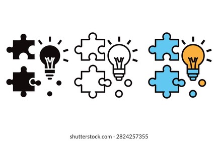Three sets of puzzle pieces with light bulbs symbolizing innovation and problemsolving