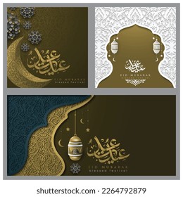 Three Sets Of Ramadan Kareem Greeting Islamic Illustration Vector Design With Arabic calligraphy and lanterns for Background, Wallpaper, Banner, Cover and Card. Translation Of Text : BLESSED FESTIVAL