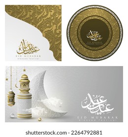 Three Sets Of Ramadan Kareem Greeting Islamic Illustration Vector Design With Arabic calligraphy and lanterns for Background, Wallpaper, Banner, Cover and Card. Translation Of Text : BLESSED FESTIVAL