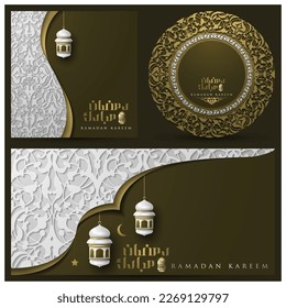 Three Sets Of Ramadan Kareem Greeting Card Islamic floral pattern Vector Design With Arabic calligraphy and lanterns for Background, Wallpaper, Banner, Cover. Translation Of Text : BLESSED FESTIVAL