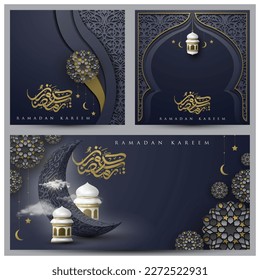 Drei Sets von Ramadan Kareem Grußkarte islamisches Blumenmuster Vektor-Design mit arabischer Kalligrafie und Laternen für Hintergrund, Tapete, Banner, Cover. Übersetzung von Text: BLACHFESTIVAL