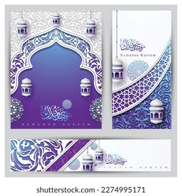 Three Sets Of Ramadan Kareem Greeting Card Islamic floral pattern Vector Design With Arabic calligraphy and lanterns for Background, Wallpaper, Banner, Cover. Translation Of Text : BLESSED FESTIVAL