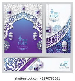 Three Sets Of Ramadan Kareem Greeting Islamic Floral Pattern Vector Design With Arabic calligraphy, lanterns for Background, Wallpaper, Banner, Cover and Card. Translation Of Text : BLESSED FESTIVAL