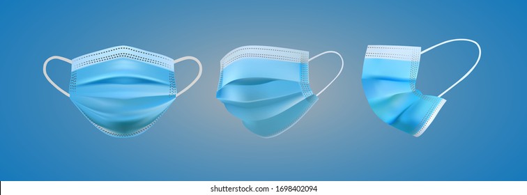 Three sets Realistic Protective Medical face mask on blue background.Vector illustration.