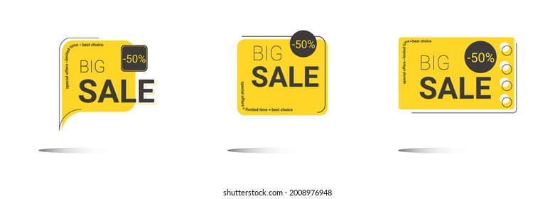 Three sets of square vector banner designs with rounded corners on the feet for big sales. Yellow tag template with special offers for purchases, strokes, and elements. Hot deal 50% off badge template