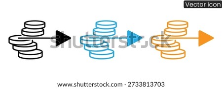 Three sets of stacked coins in different colors with arrows indicating financial transactions and growth