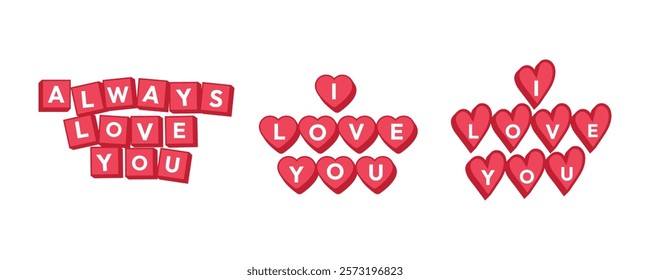 Three sets of tiles arranged in different patterns blocks in a pastel board with the text end heart. "ALWAYS LOVE YOU," "I LOVE YOU" with hearts.