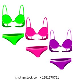 
Three sets of women's underwear bright shades. UFO green, plastic pink, proton purple. On a background of pink triangles.
