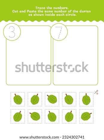 Three And Seven Counting And Tracing Number Worksheet. Cut And Paste Worksheet With Pictures. Premium Vector Element.