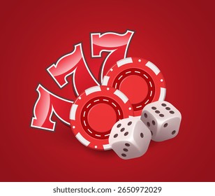 Three sevens, gambling chips and dice. Vector 3d clip art isolated on red background