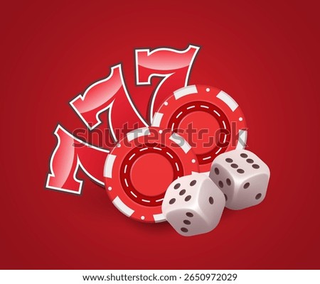 Three sevens, gambling chips and dice. Vector 3d clip art isolated on red background