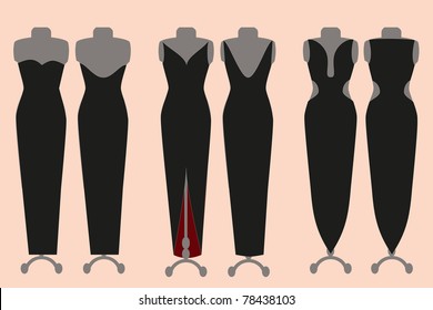 three sexy black dresses on mannequins six, rear view, front view, vector illustration, isolated