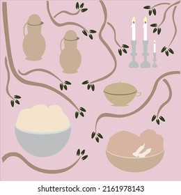 Three Shabbat Candlesticks, Challah Dough, Meat, Purees And Nectar The Items Are Intended For An Additional Sacrifice In The Jewish Temple In Jerusalem. Floral Background For Lighting Candles. Vector
