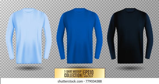 Three shades of light, normal and dark blue long sleeve t-shirt collection. Vector mock up.