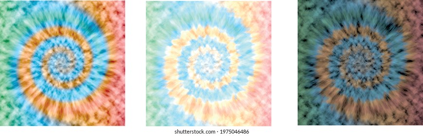 Three shades of Tie Die Pastel Hippie Textile Bohemian Background Grunge Color Design 1960s 1970s Style Abstract Dyed Fabric Fashion Textile Ethnic Organic Spatter Bleach Paper Watercolour