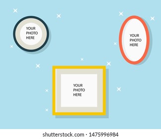 Three shapes of Picture frames on the wall. Cute and sweet color