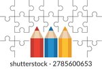 Three sharpened colored pencils in red blue and yellow sit aligned inside a white jigsaw puzzle cutout frame against a minimalist solid off-white background.