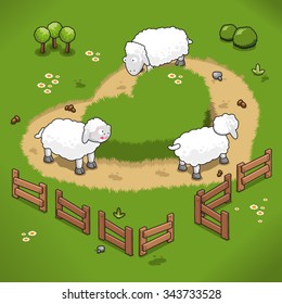 Three sheep grazing around a heart shaped meadow on farmland (isometric view)