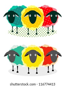 Three Sheep Illustration. Vector EPS 10 graphic illustration of three colored staring sheep.