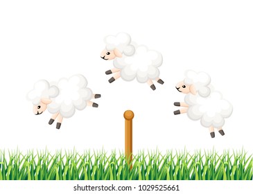 Three sheep jumping over the fence sleep time count sheeps from insomnia on white background with a grass vector illustration web site page and mobile app design.