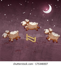 Three sheep  jumping over the fence. Count them to sleep.