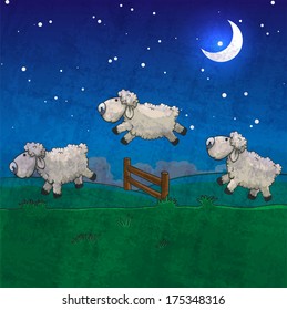 Three sheep  jumping over the fence. Count them to sleep.
