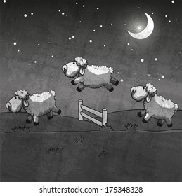 Three sheep  jumping over the fence. Count them to sleep.
