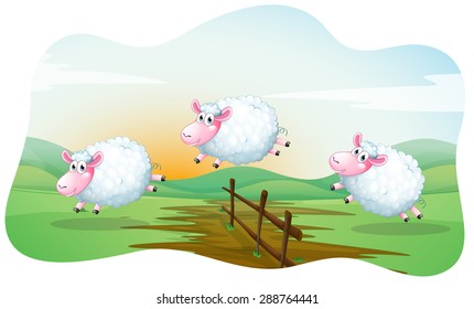 Three Sheep Jumping Over The Fence