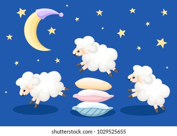 Three sheep jumping over the pillows sleep time count sheeps from insomnia on a blue background with stars and moon vector illustration web site page and mobile app design.