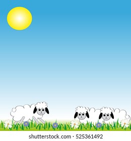 Three sheep on the meadow on blue background. Vector illustration.