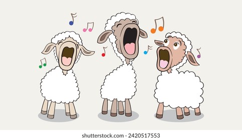 Tres ovejas cantando juntas excitadas. Formato vectorial.