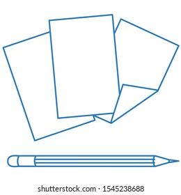 Three sheets of paper, one of which has a curved edge and a pencil, blue icon on a white isolated background