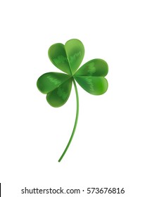 Three sheets realistic lucky clover leaves on a white background. Vector illustration. Green clover for St. Patrick's Day.