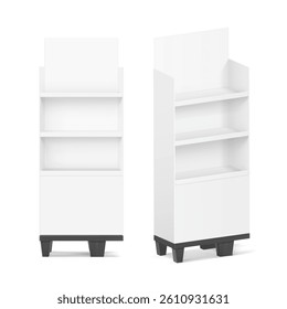 Three shelf side display with base mockup for sale point. Vector illustration on a white background. Can be use for template your design, promotion, advertising. EPS10.