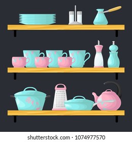 Three shelves with dishes. Cookware set in cartoon style. Vector