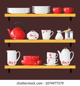 Three shelves with dishes. Cookware set in cartoon style. Vector