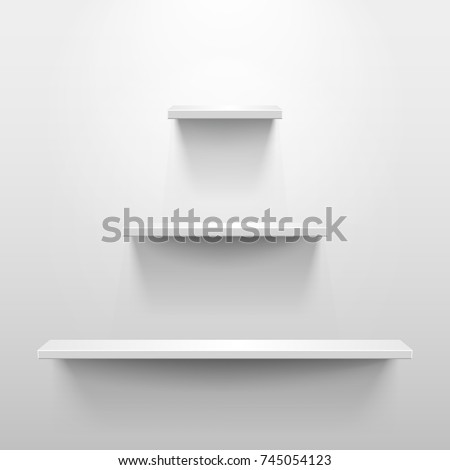Three shelves on the wall with light and shadow in empty white room. Pyramid or tree shape