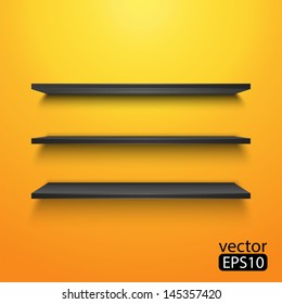 Three shelves on the yellow wall