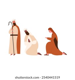 Três pastores ajoelhados, desenho animado ilustração vetor plana isolado no fundo branco. Elemento de design da cena de Natal. Conceito de cristianismo.