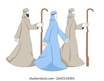Three shepherds on biblical journey in nativity story 2D cartoon bible characters. Middle eastern wise men travelers in ancient robes flat vector people isolated on white. Spot illustration colorful
