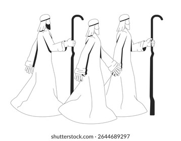 Three shepherds on biblical journey in nativity story 2D line bible characters. Middle eastern wise men travelers in ancient robes isolated vector ink outline people. Monochromatic spot illustration