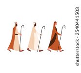 Three shepherds walking to Bethlehem, cartoon flat vector illustration isolated on white background. Christmas nativity scene design element. Christianity concept.