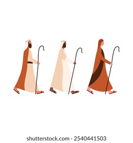 Tres pastores caminando a Belén, Ilustración vectorial plana de dibujos animados aislados sobre fondo blanco. Navidades elemento de diseño de belén. Concepto cristiano.