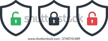 Three shield with different colored locks green unlocked dark blue locked red locked security